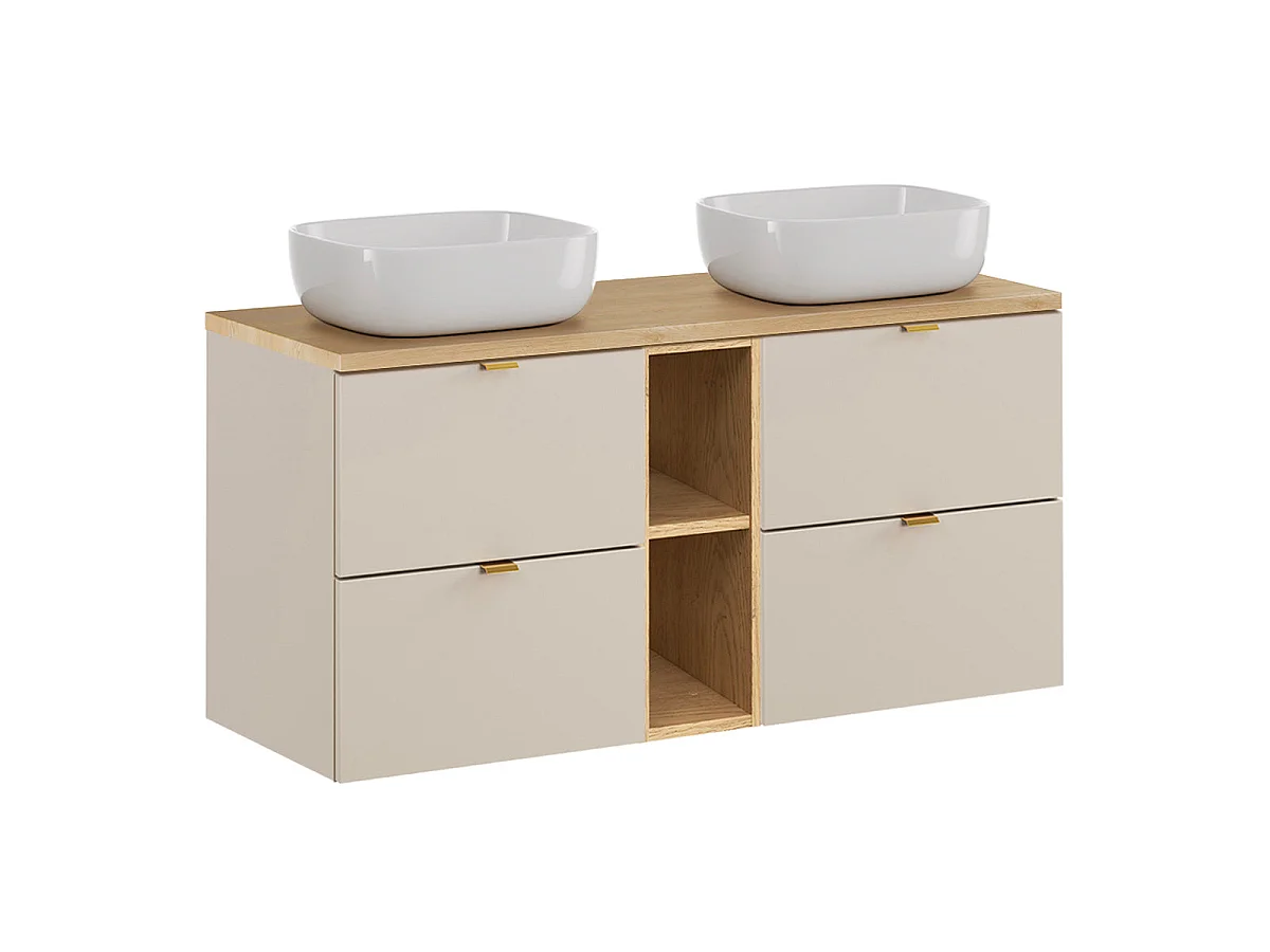 Ensemble meuble double vasque 120cm 2 niches et colonne Azel Cachemire et Bois