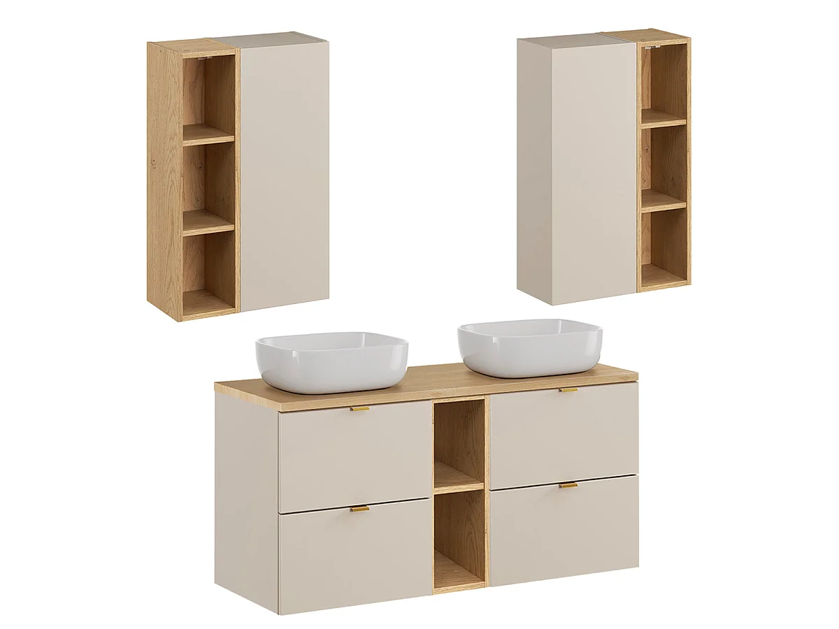 Ensemble meuble double vasque 120cm 2 niches et colonne Azel Cachemire et Bois