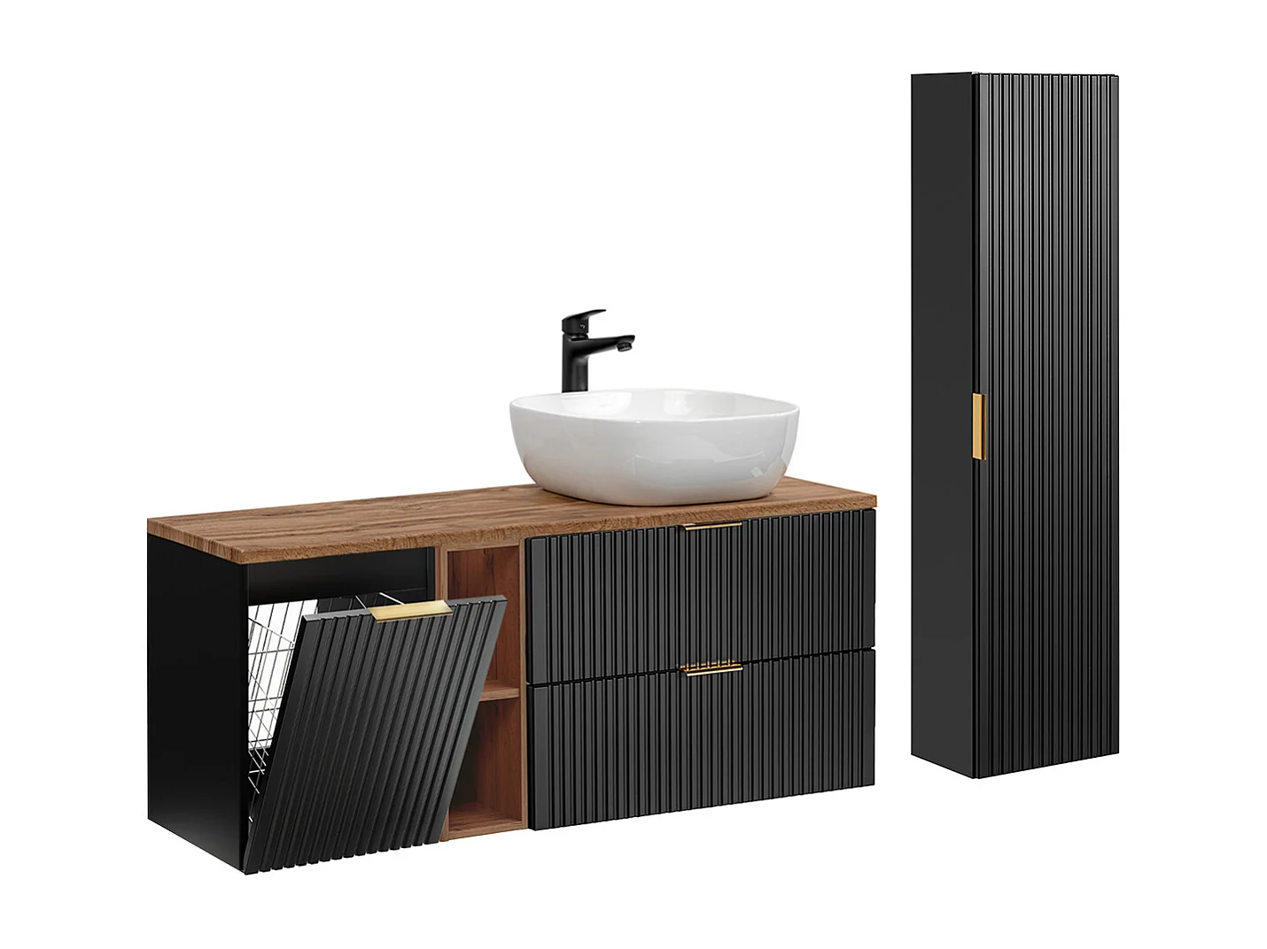Set Waschtisch 140cm 2 Nischen Wäschekorb und Säule Adriel Schwarz und Holz