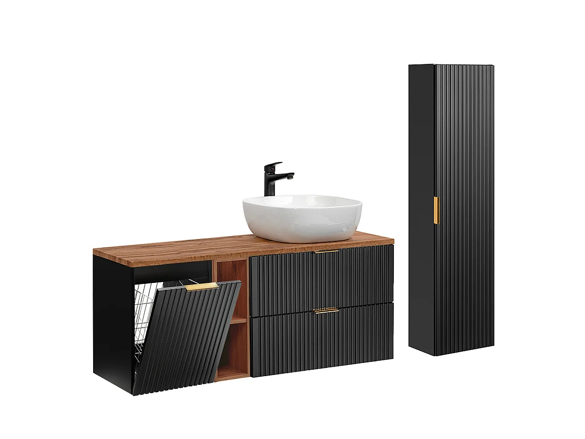Single vanity unit 140cm 2 niches laundry basket and column Adriel Black and Wood