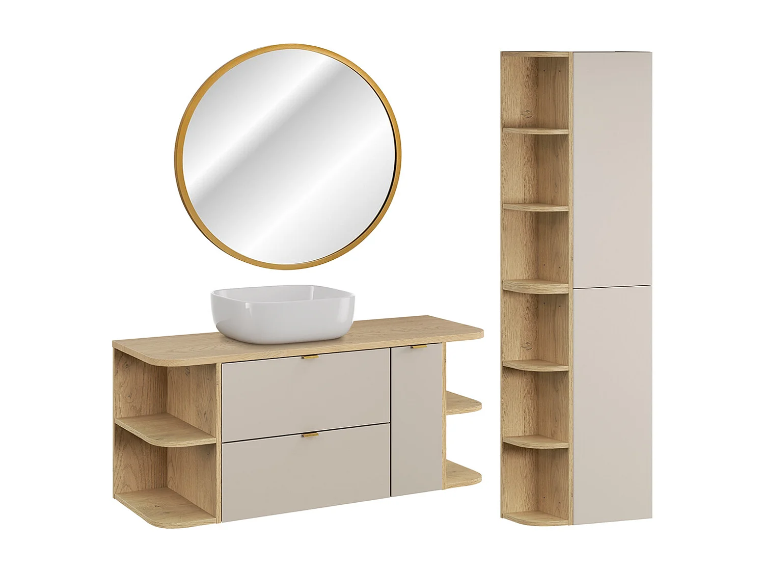 Insieme mobile lavabo singolo 120cm 3 cassetti nicchie arrotondate colonna e specchio LED Azel Cachemire e Bois