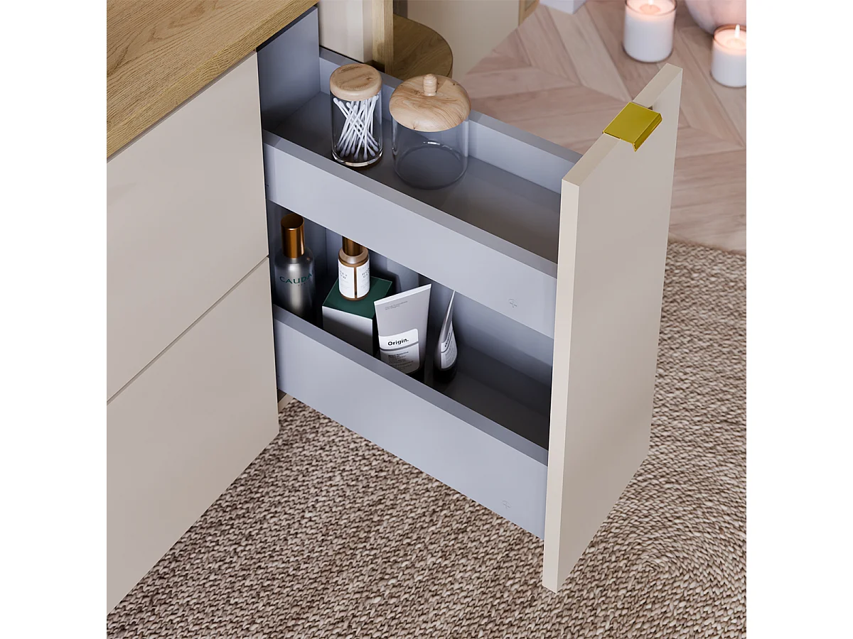 Insieme mobile lavabo singolo 120cm 3 cassetti nicchie arrotondate colonna e specchio LED Azel Cachemire e Bois