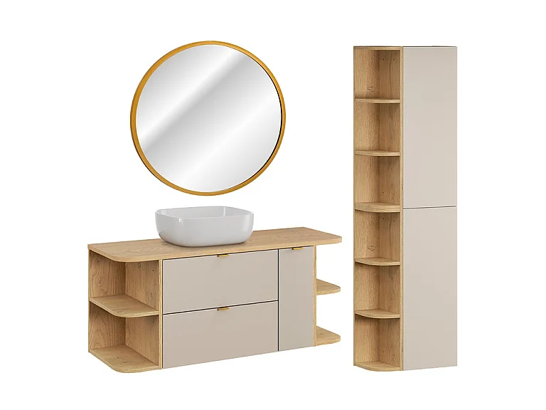 Ensemble meuble simple vasque 120cm 3 tiroirs colonne et miroir LED Azel Cachemire et Bois