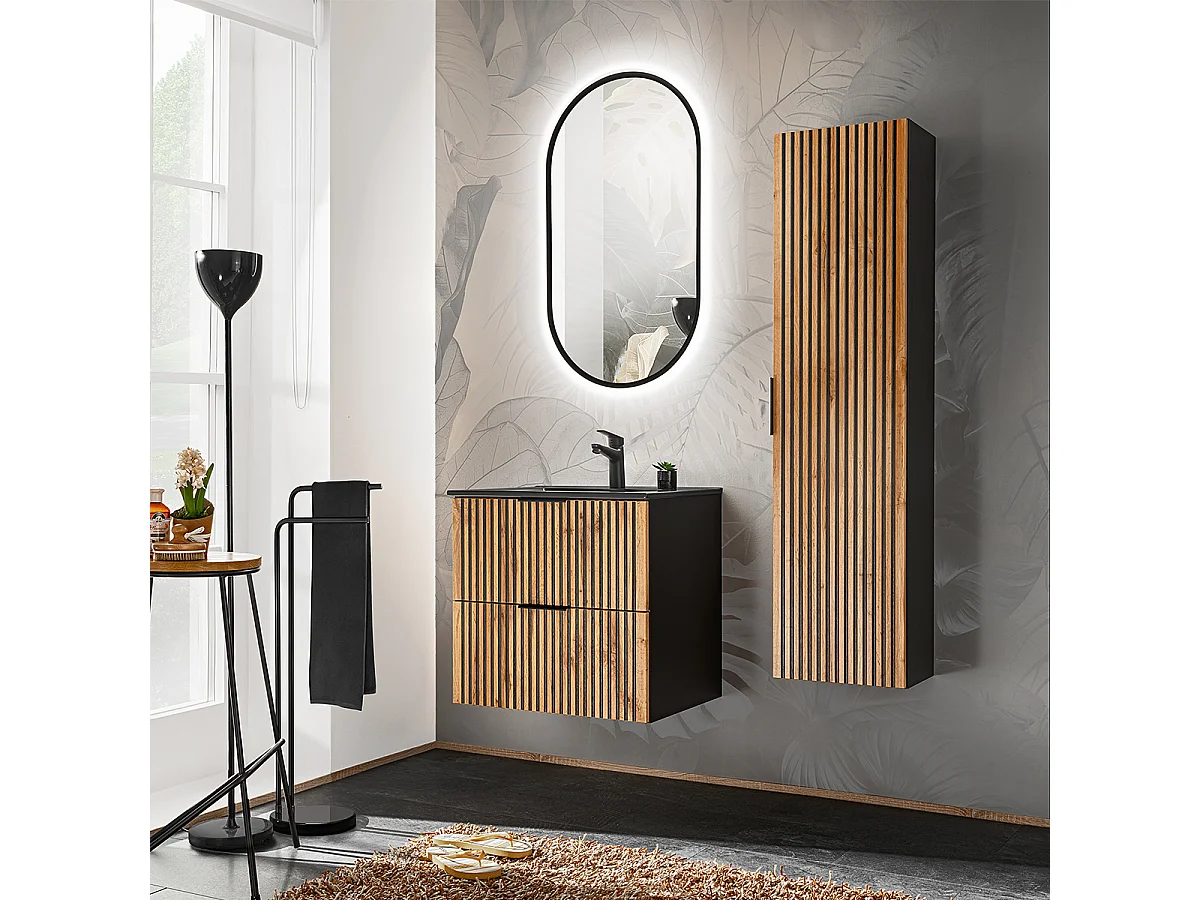 Set mobile lavabo singolo da incasso 60cm specchio LED e colonna Gaia Legno e Nero Lavabo Nero