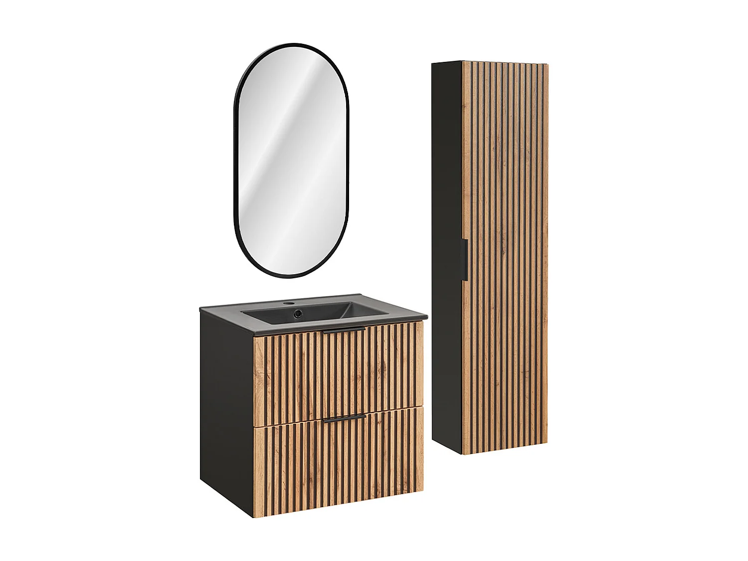 Set mobile lavabo singolo da incasso 60cm specchio LED e colonna Gaia Legno e Nero Lavabo Nero