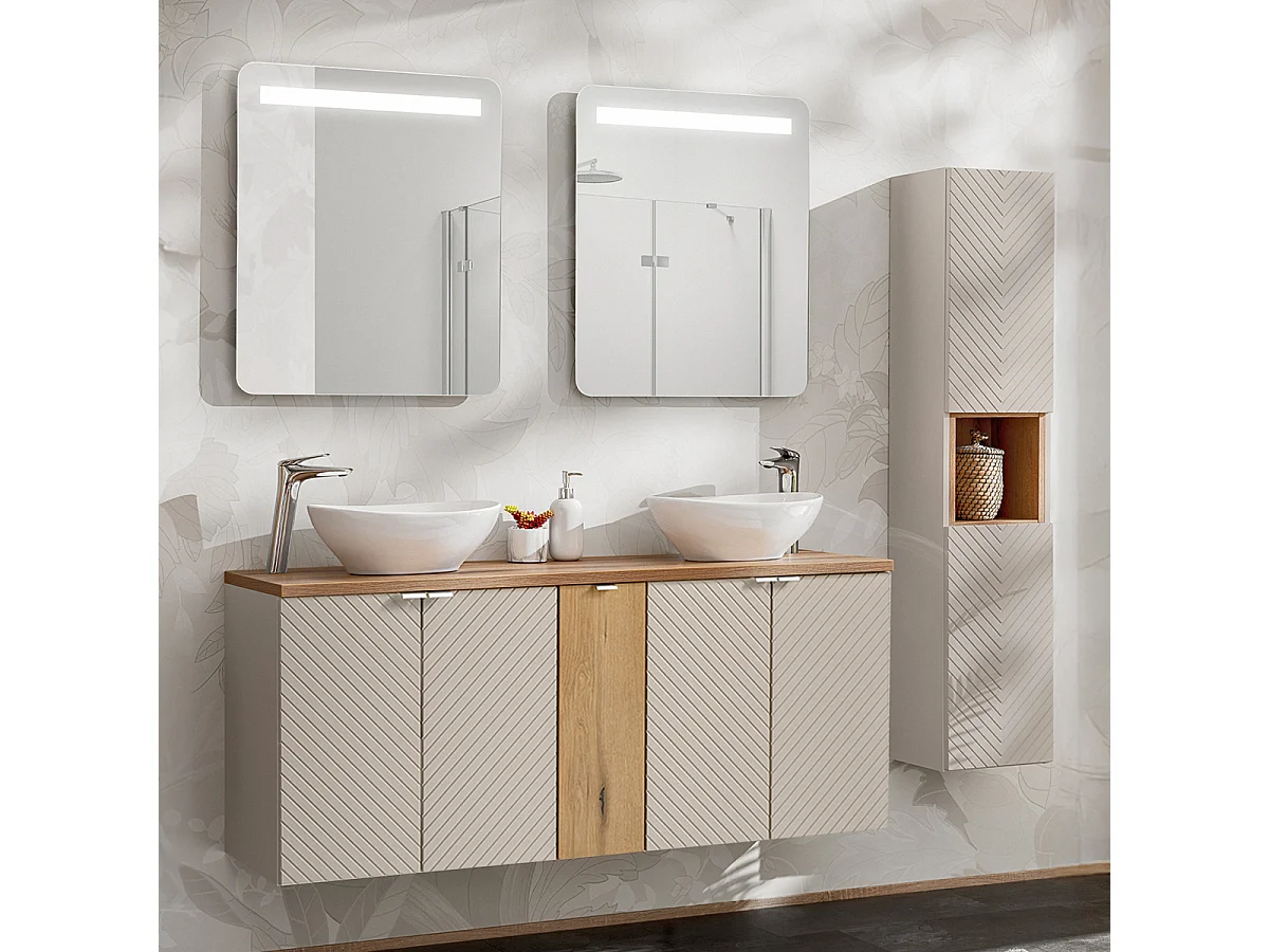 Dubbele wastafel 140cm 5 deuren met LED spiegels en Manoa Cashmere en Wood hoge kast