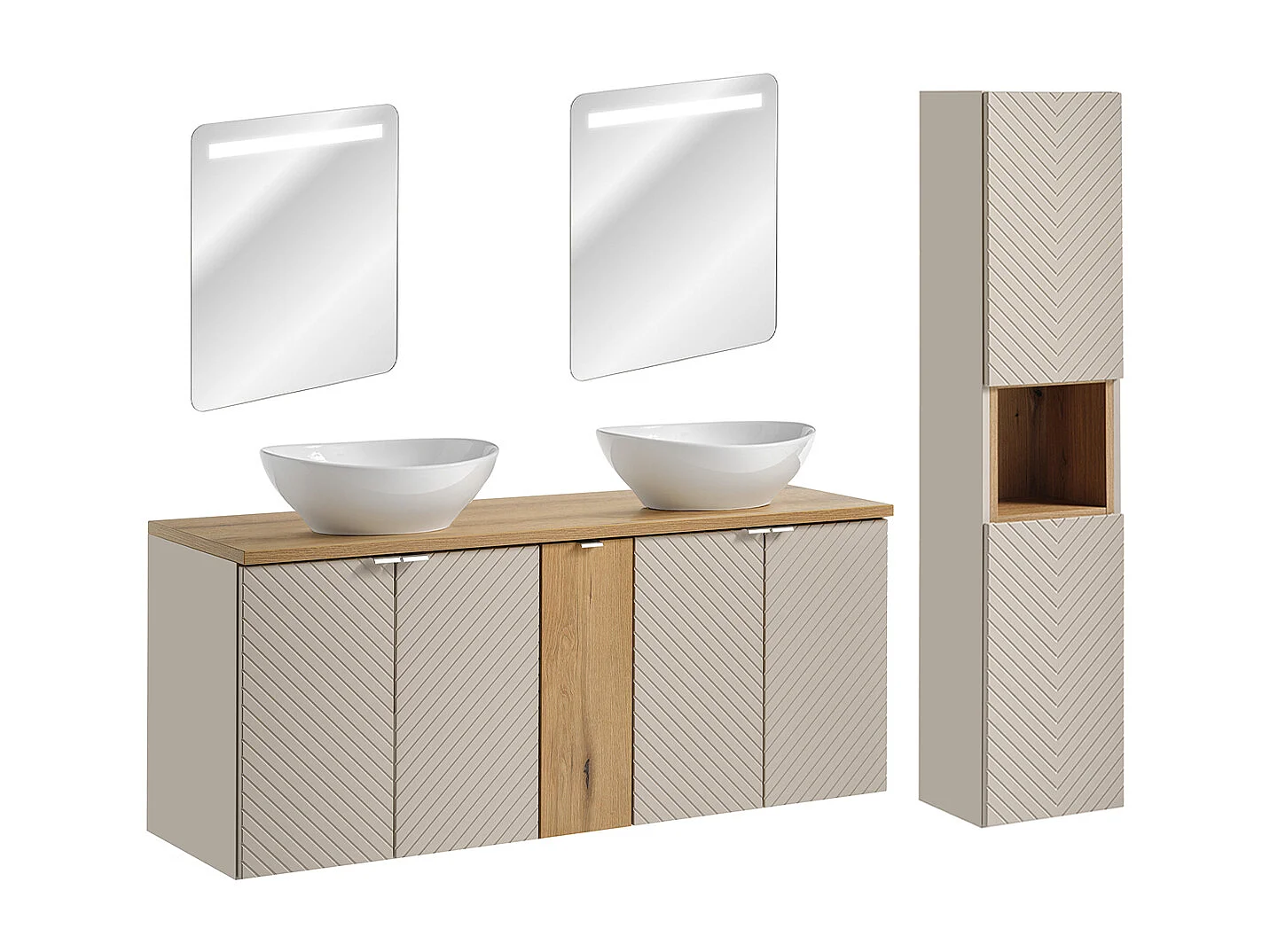 Dubbele wastafel 140cm 5 deuren met LED spiegels en Manoa Cashmere en Wood hoge kast