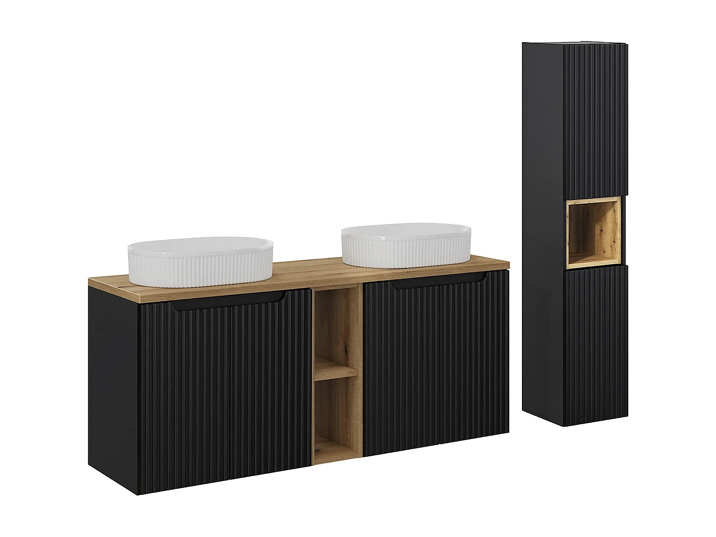 Set di mobili da bagno doppio lavabo Riva nero e marrone 140cm