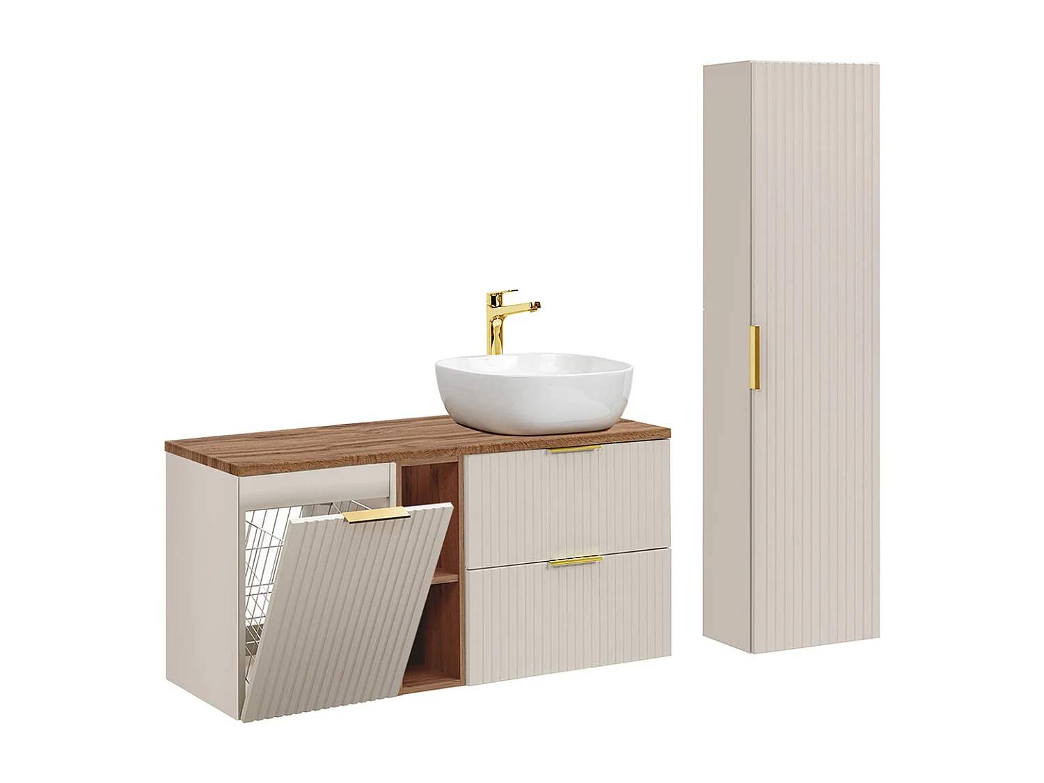 Ensemble meuble simple vasque 120cm 2 niches panier à linge et colonne Adriel Cachemire et Bois