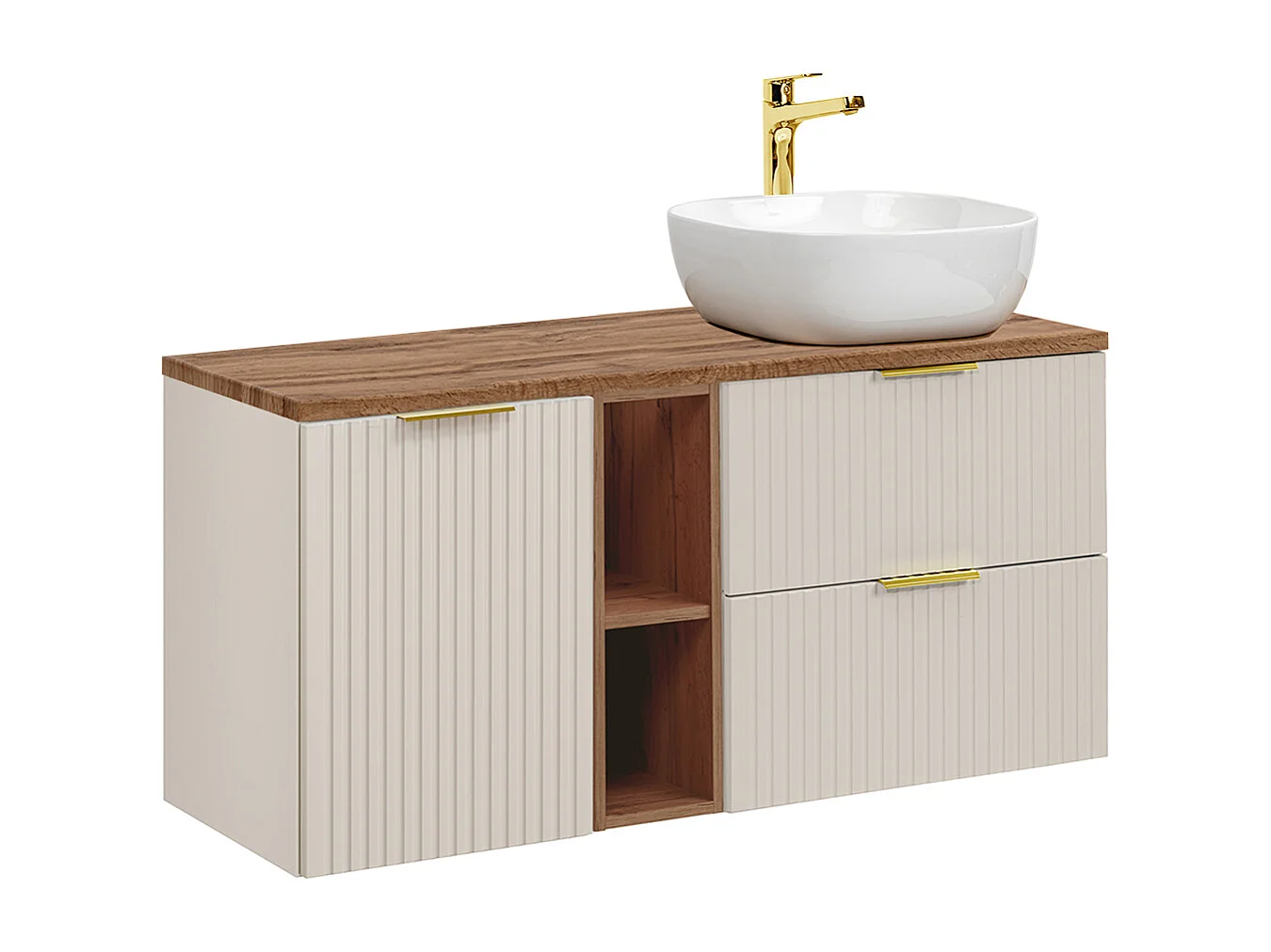 Ensemble meuble simple vasque 120cm 2 niches panier à linge et colonne Adriel Cachemire et Bois