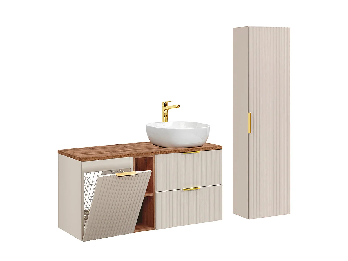 Ensemble meuble simple vasque 120cm 2 niches panier à linge et colonne Adriel Cachemire et Bois
