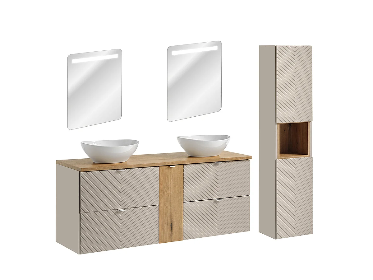 Ensemble meuble double vasque 140cm 4 tiroirs 1 porte miroirs LED et colonne Manoa Cachemire et bois
