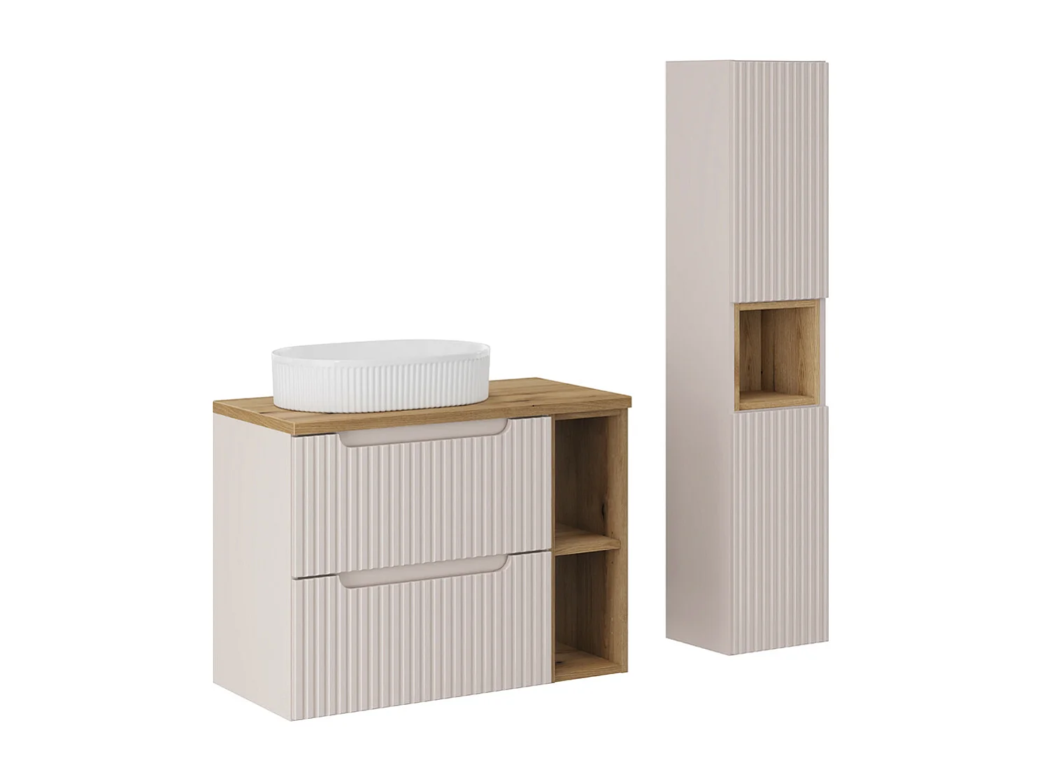 Ensemble meuble simple vasque 80cm 2 tiroirs 2 niches et colonne Riva Cachemire et Bois