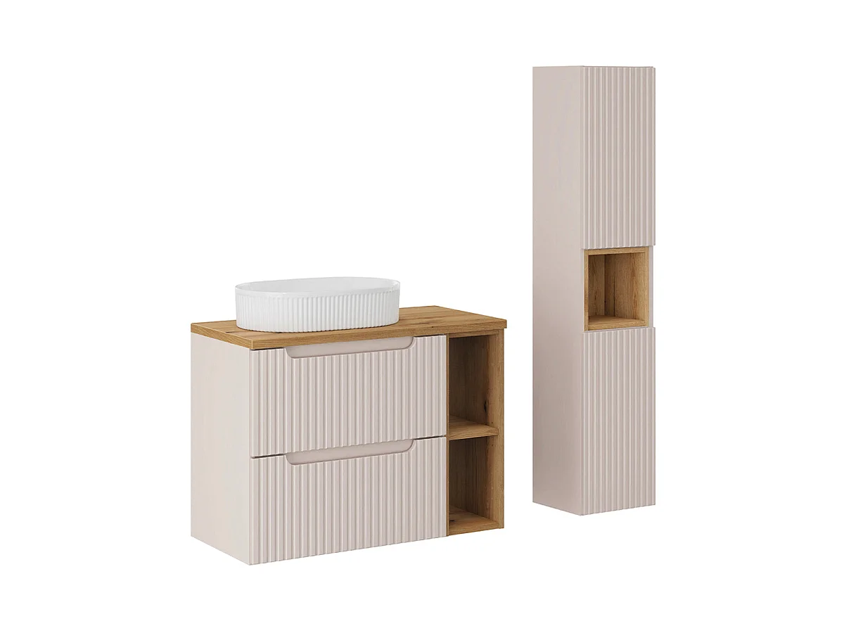 Ensemble meuble simple vasque 80cm 2 tiroirs 2 niches et colonne Riva Kasjmier en Hout