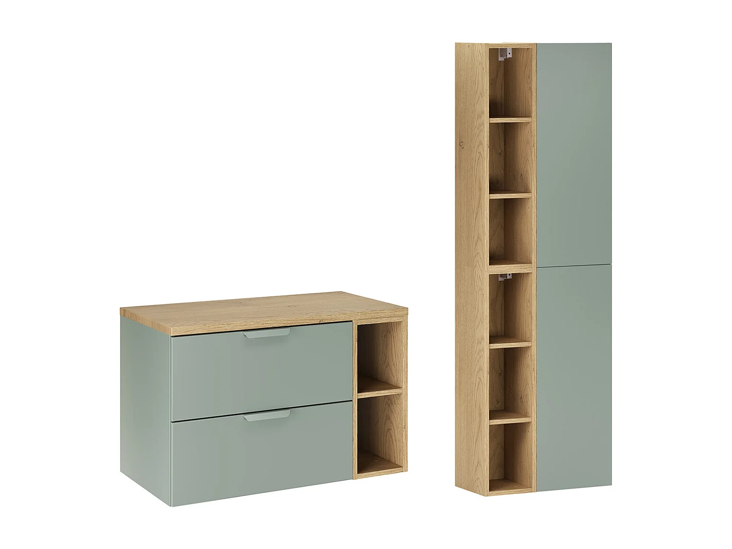 Ensemble meuble sous-vasque 80cm 2 niches et colonne Oria Vert mat