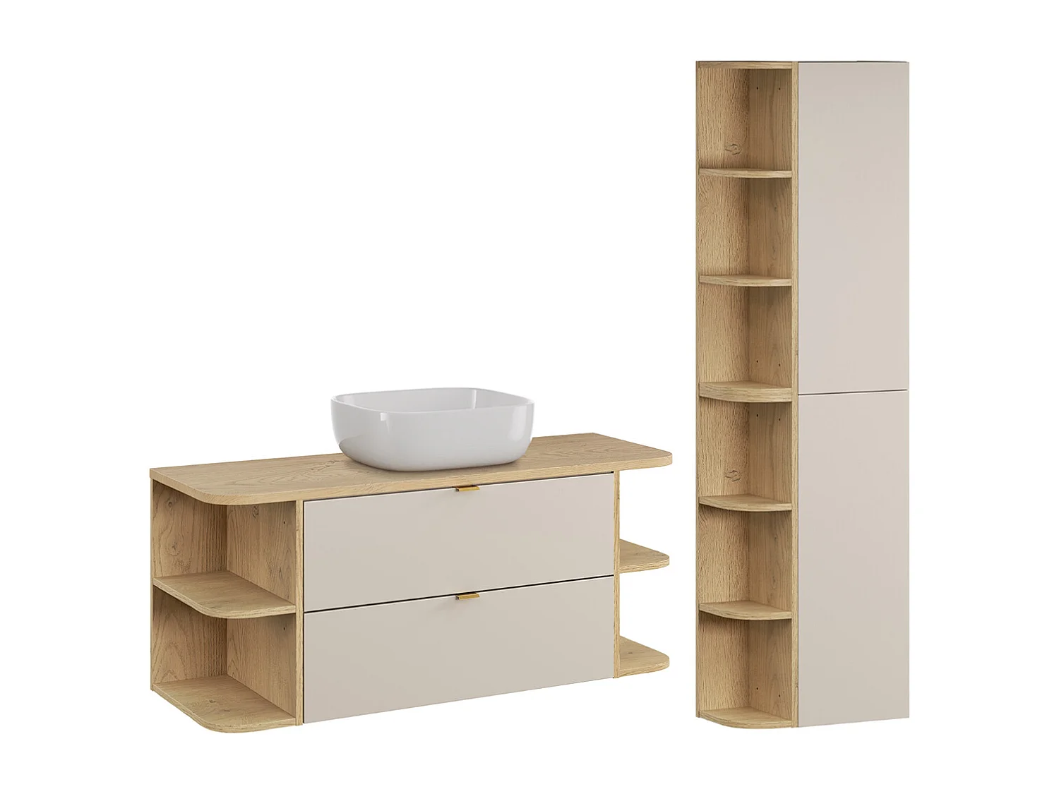 Azel Cashmere och trä 120 cm enkel tvättställsskåp med rundade nischer och piedestal