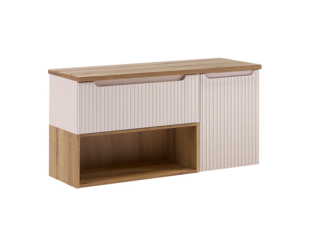 Ensemble meuble sous-vasque 120cm panier à linge et colonne Riva Cachemire et Bois