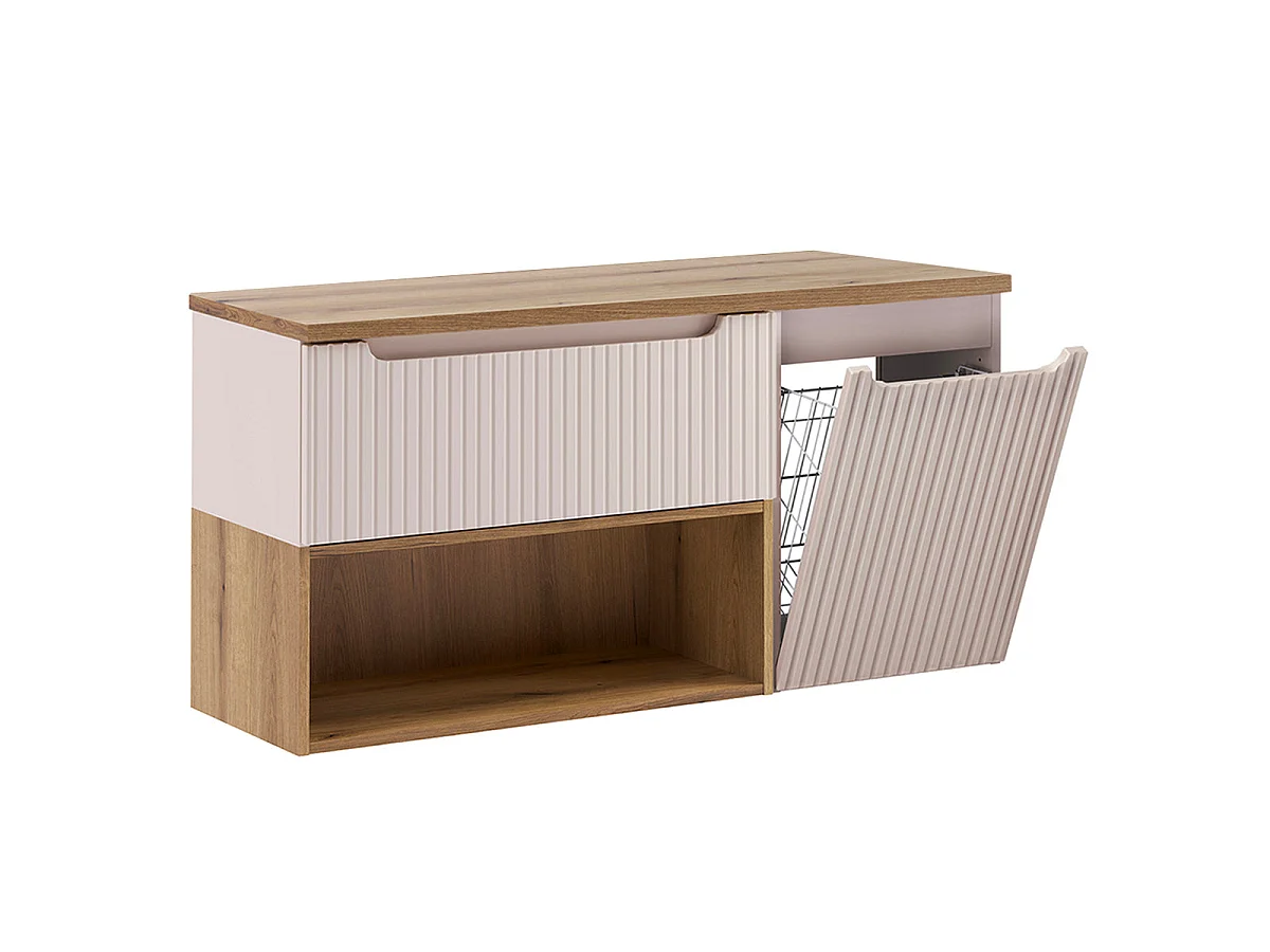 Ensemble meuble sous-vasque 120cm panier à linge et colonne Riva Cachemire et Bois
