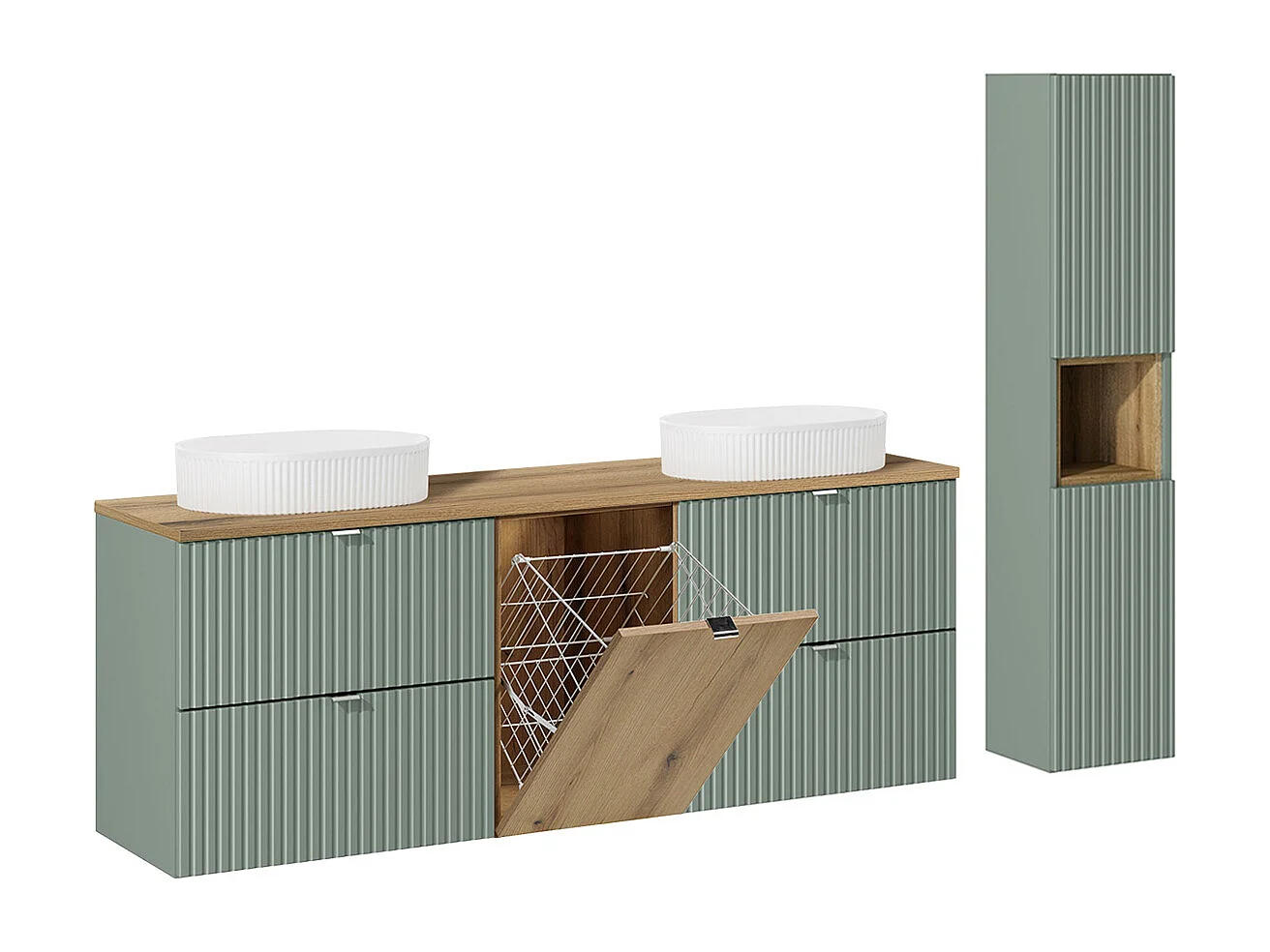 Ensemble meuble double vasque 160cm panier à linge et colonne Jade Vert et Bois - Vasques ovales