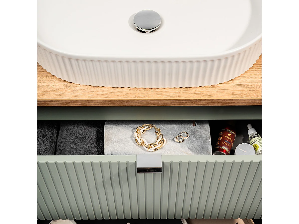 Ensemble meuble double vasque 160cm panier à linge et colonne Jade Vert et Bois - Vasques ovales