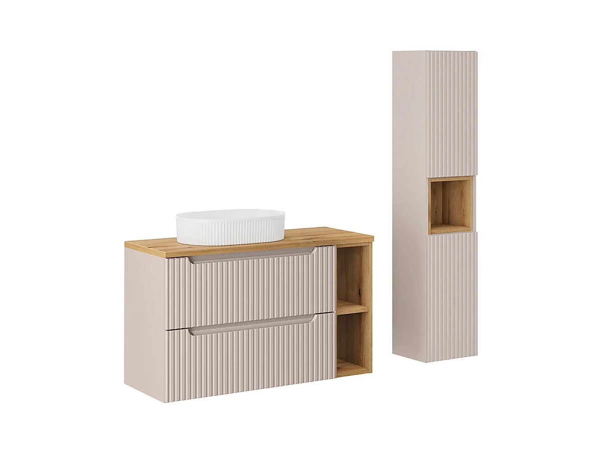 Ensemble meuble simple vasque 100cm 2 tiroirs 2 niches et colonne Riva Cachemire et Bois