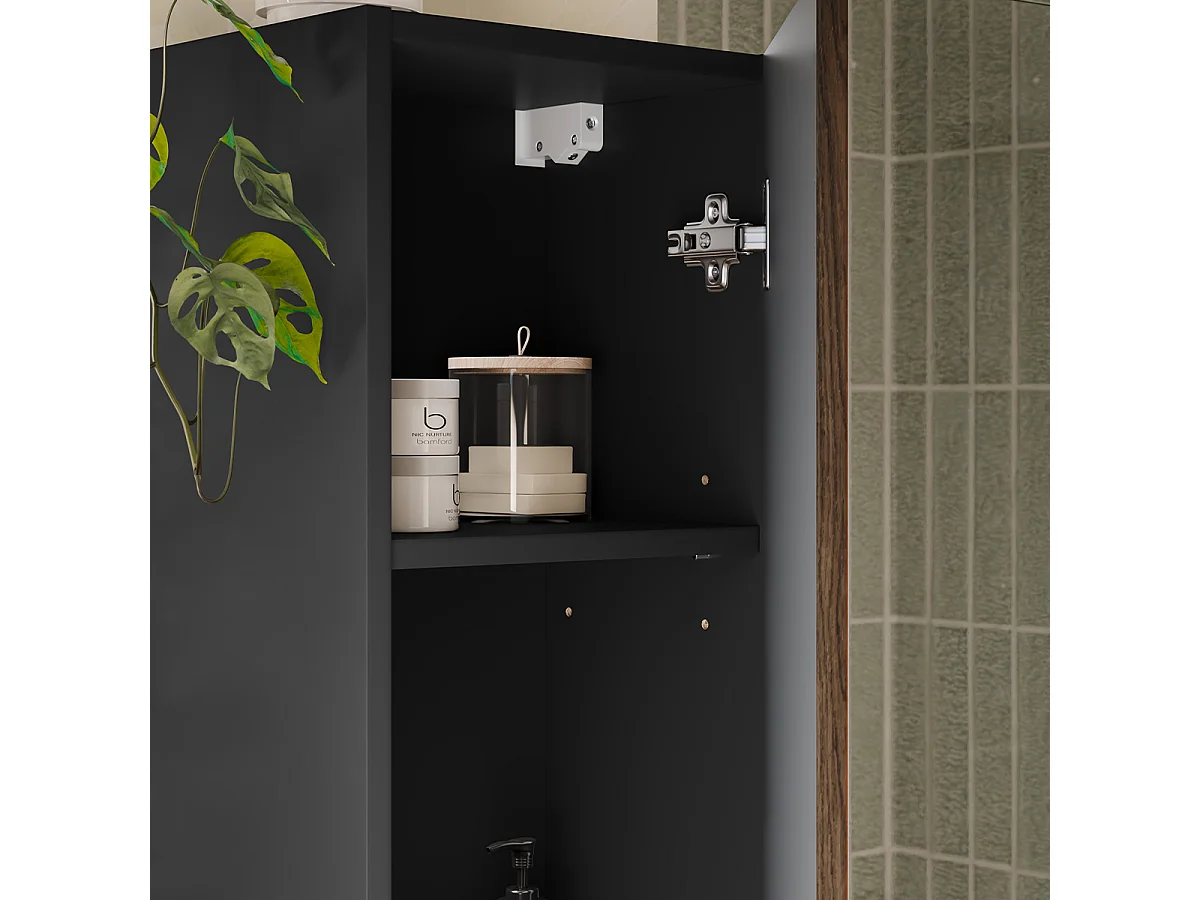 Conjunto móvel lavatório simples 60cm coluna e espelho Elena Madeira e preto