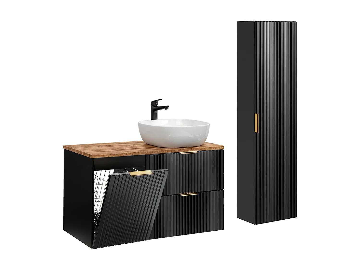 Set Einzelwaschtisch 100cm Wäschekorb und Säule Adriel Schwarz und Holz