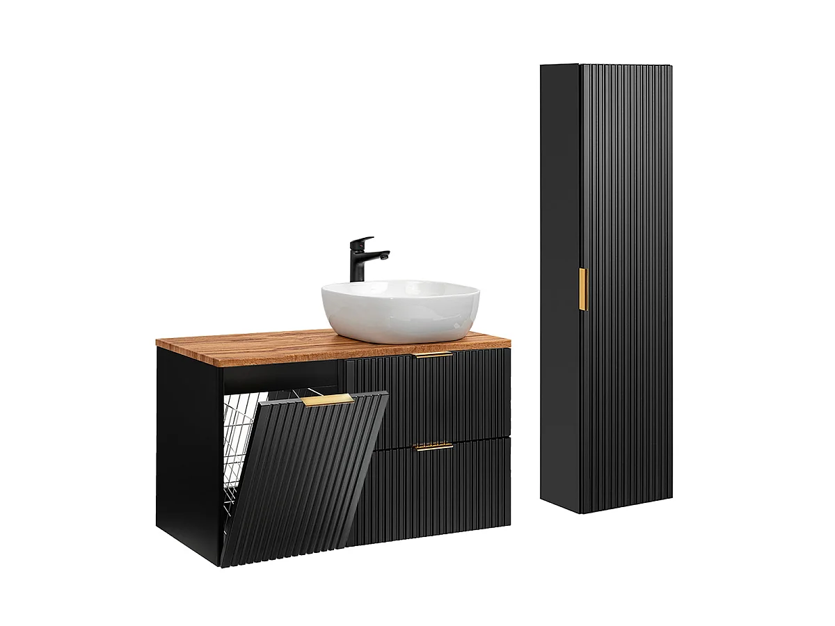 Ensemble meuble simple vasque 100cm panier à linge et colonne Adriel Noir et Bois