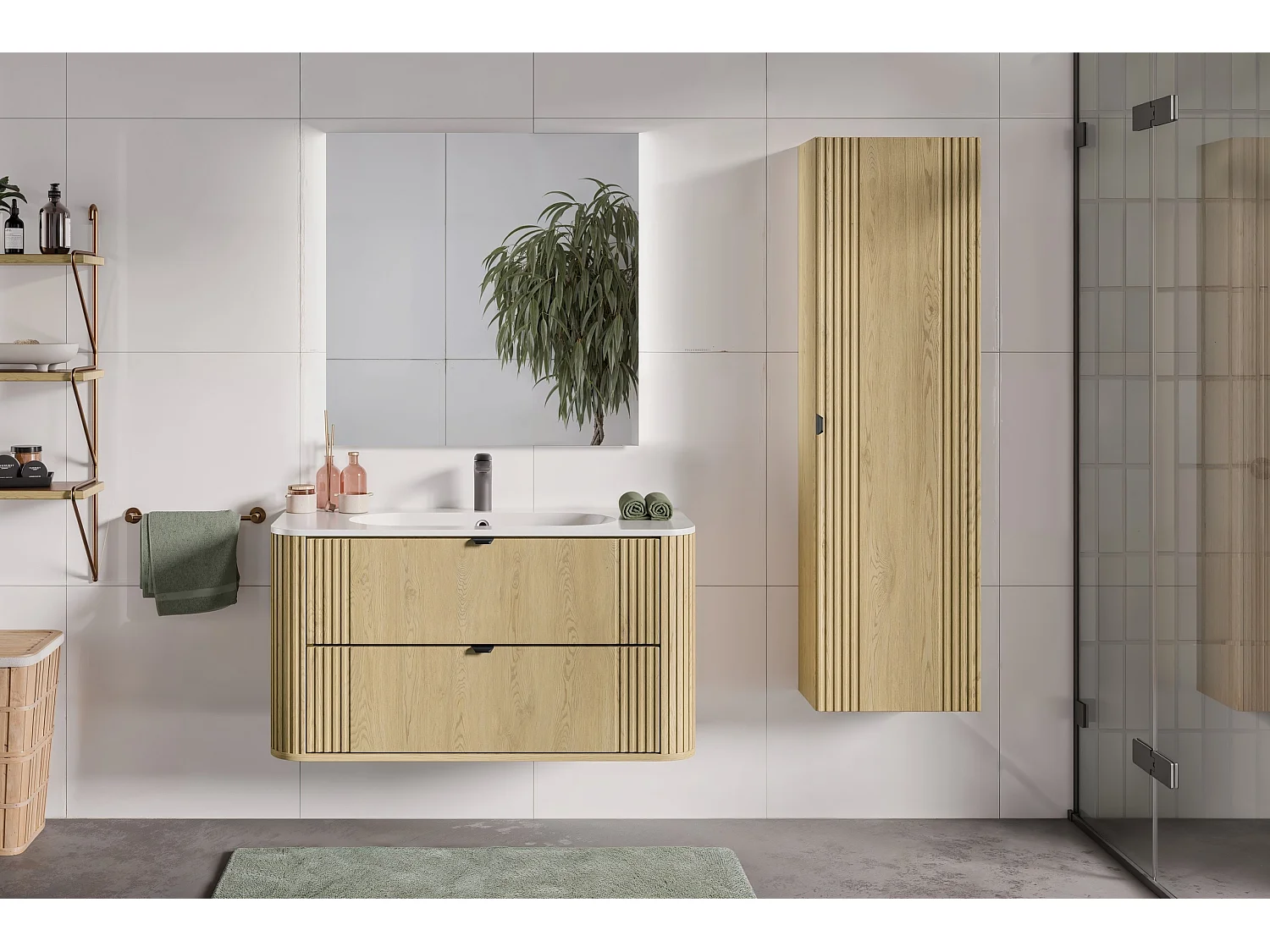 Ensemble meuble simple vasque encastrée 100cm et colonne Mila Bois