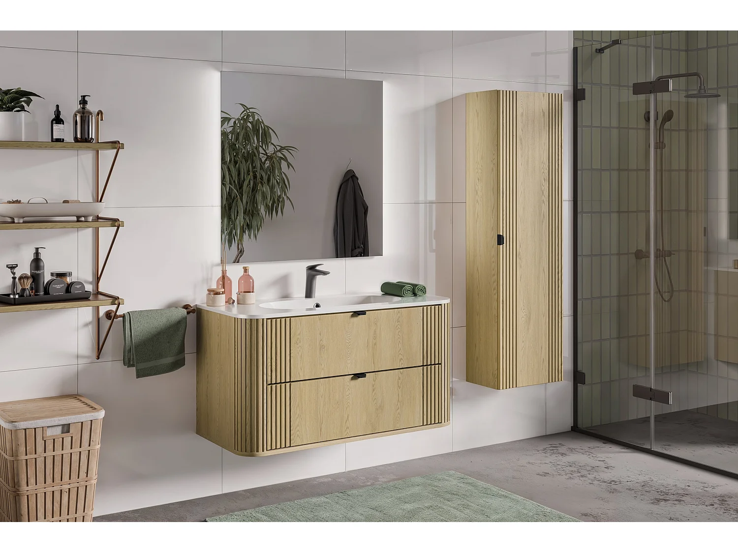Set aus Einzelmöbel, Einbauwaschbecken 100cm und Säule Mila Holz