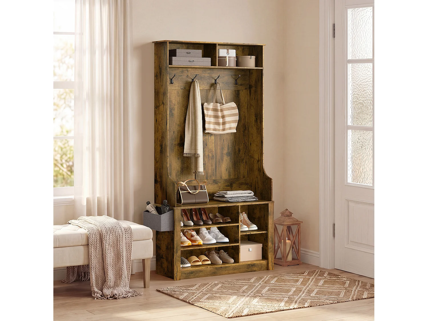 Meuble d'entrée multifonction,portemanteau avec patère et étagères à chaussures,88 x 30 x 183 cm,style industriel