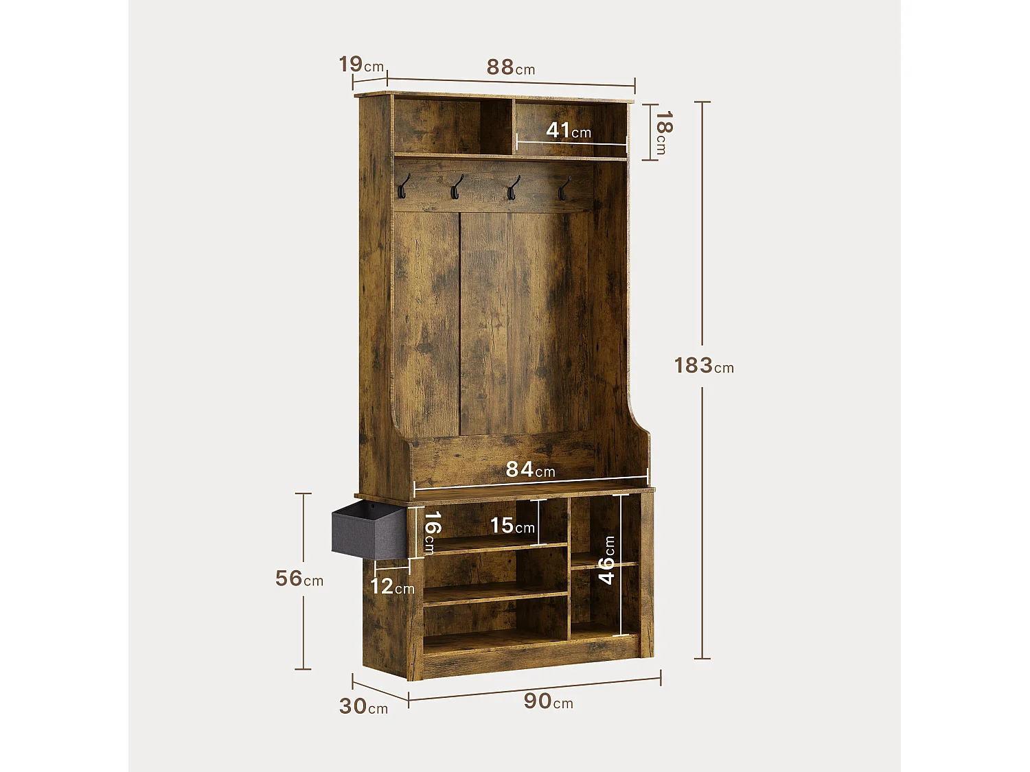 Meuble d'entrée multifonction,portemanteau avec patère et étagères à chaussures,88 x 30 x 183 cm,style industriel
