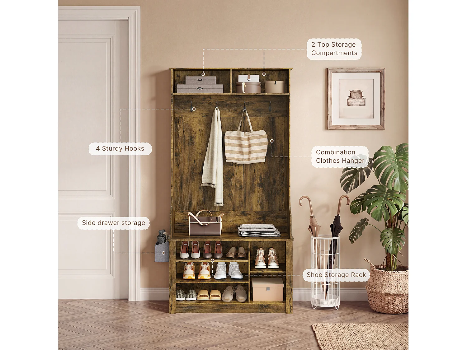Meuble d'entrée multifonction,portemanteau avec patère et étagères à chaussures,88 x 30 x 183 cm,style industriel