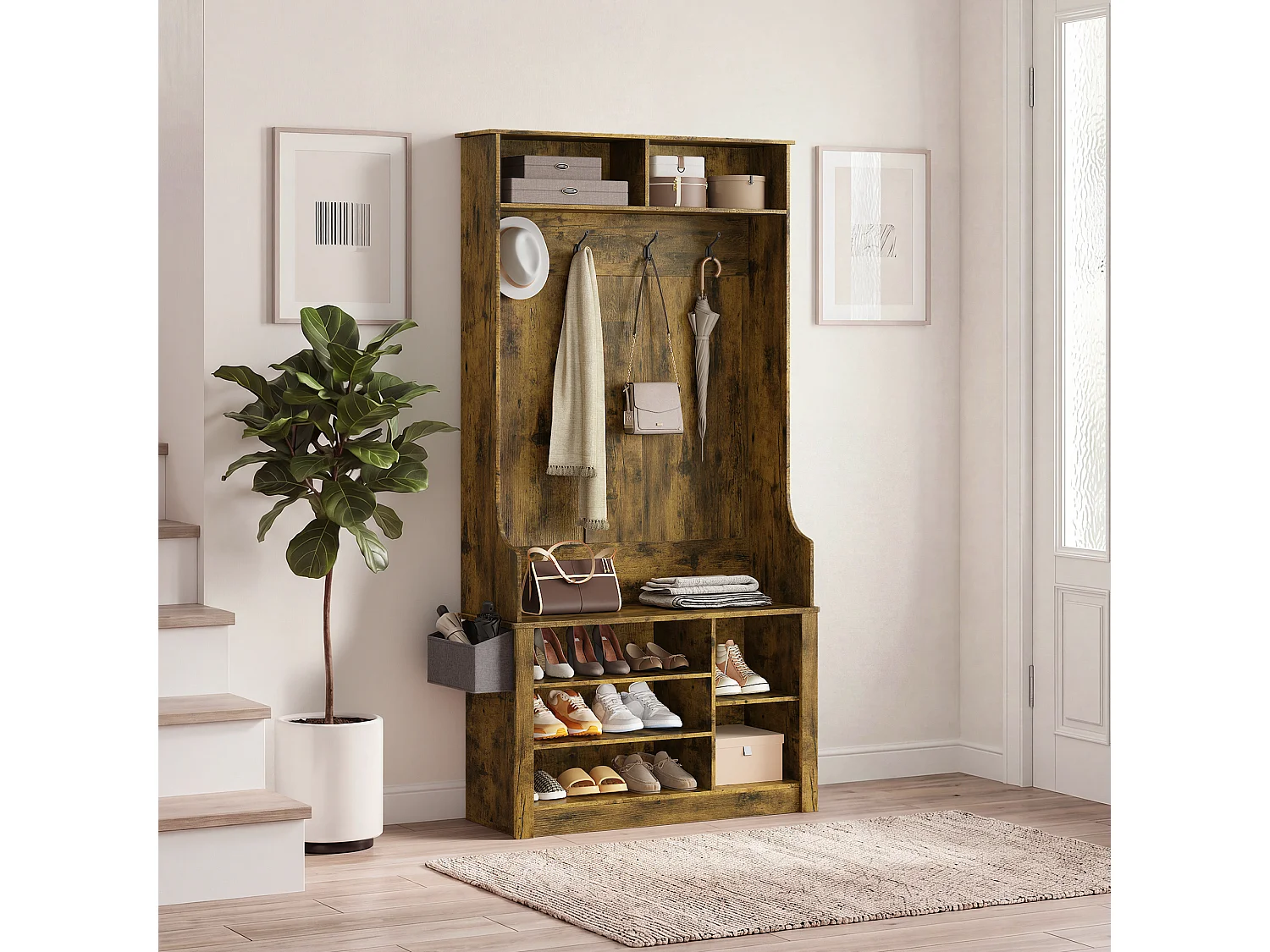 Meuble d'entrée multifonction,portemanteau avec patère et étagères à chaussures,88 x 30 x 183 cm,style industriel