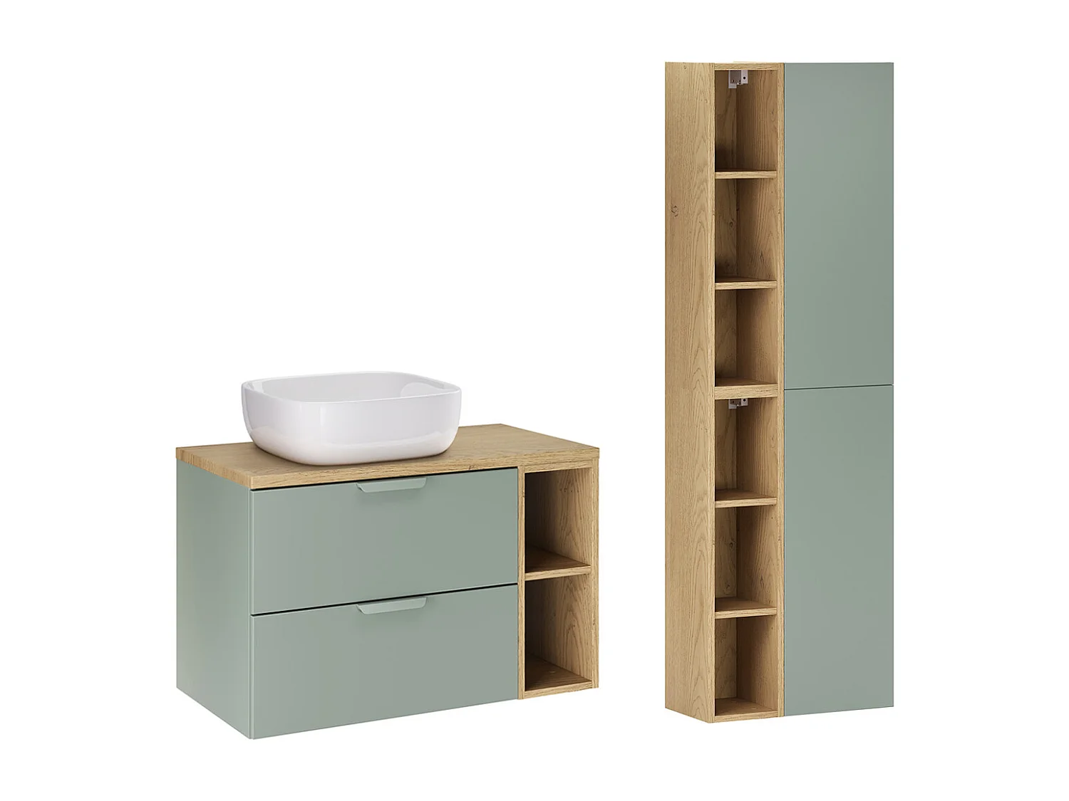 Ensemble meuble simple vasque 80cm 2 niches et colonne Oria Vert mat