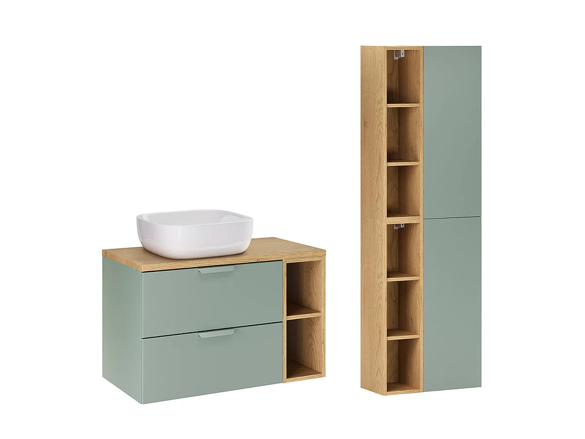 Ensemble meuble simple vasque 80cm 2 niches et colonne Oria Vert mat