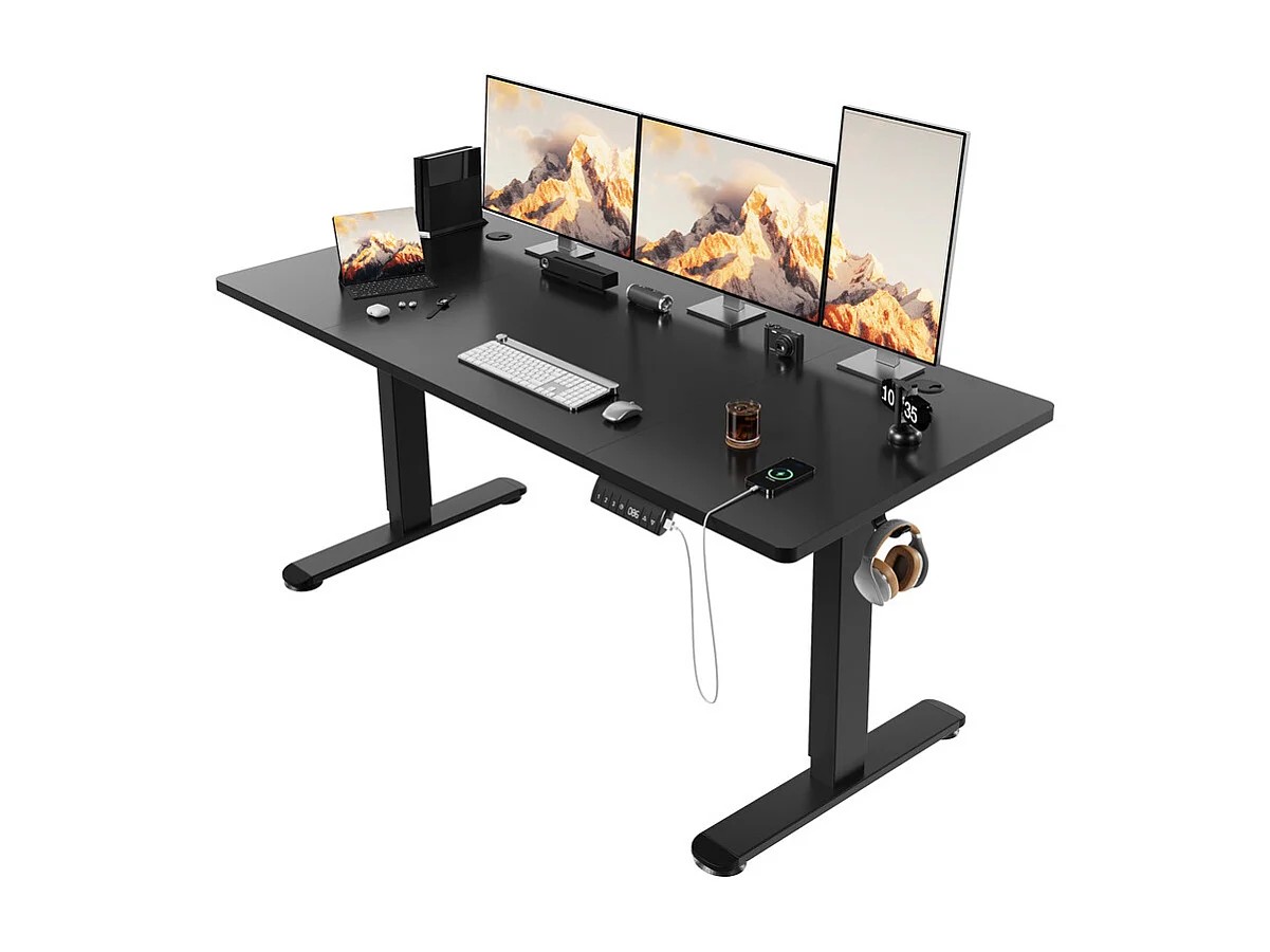 Bureau électrique réglable en hauteur avec prise USB, plateau pour câbles, bureau d'ordinateur, bureau debout avec rappel d'activités sédentaires, 160 x 80 cm