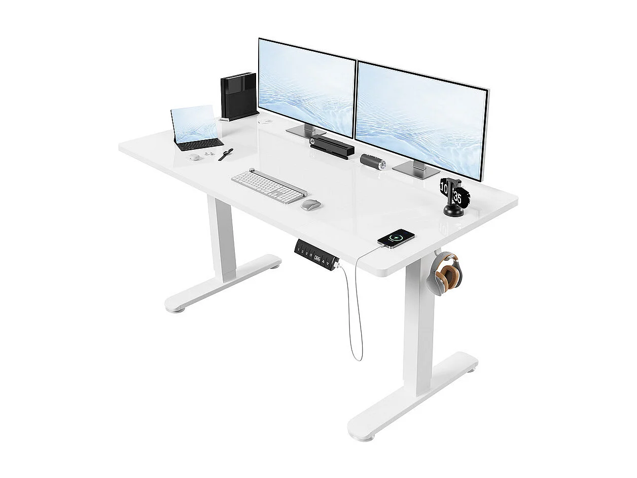 Bureau électrique réglable en hauteur avec prise USB, plateau pour câbles, bureau d'ordinateur, bureau debout avec rappel d'activités sédentaires, 140 x 70 cm