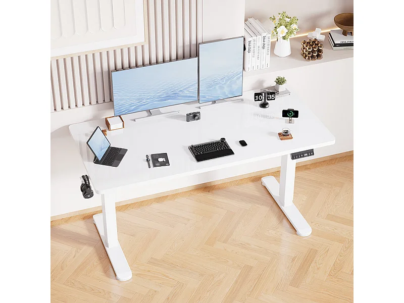 Bureau électrique réglable en hauteur avec prise USB, plateau pour câbles, bureau d'ordinateur, bureau debout avec rappel d'activités sédentaires, 140 x 70 cm
