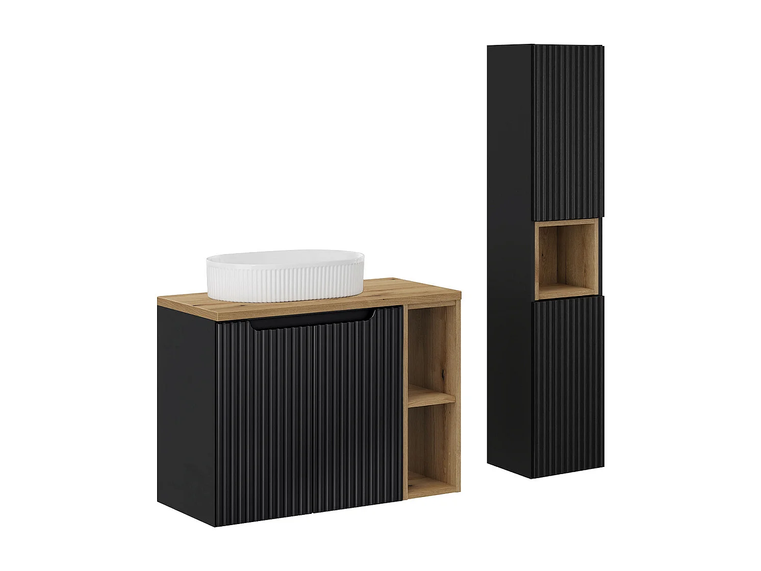 Set Waschtisch 80cm 2 Türen 2 Nischen und Säule Riva Schwarz und Holz