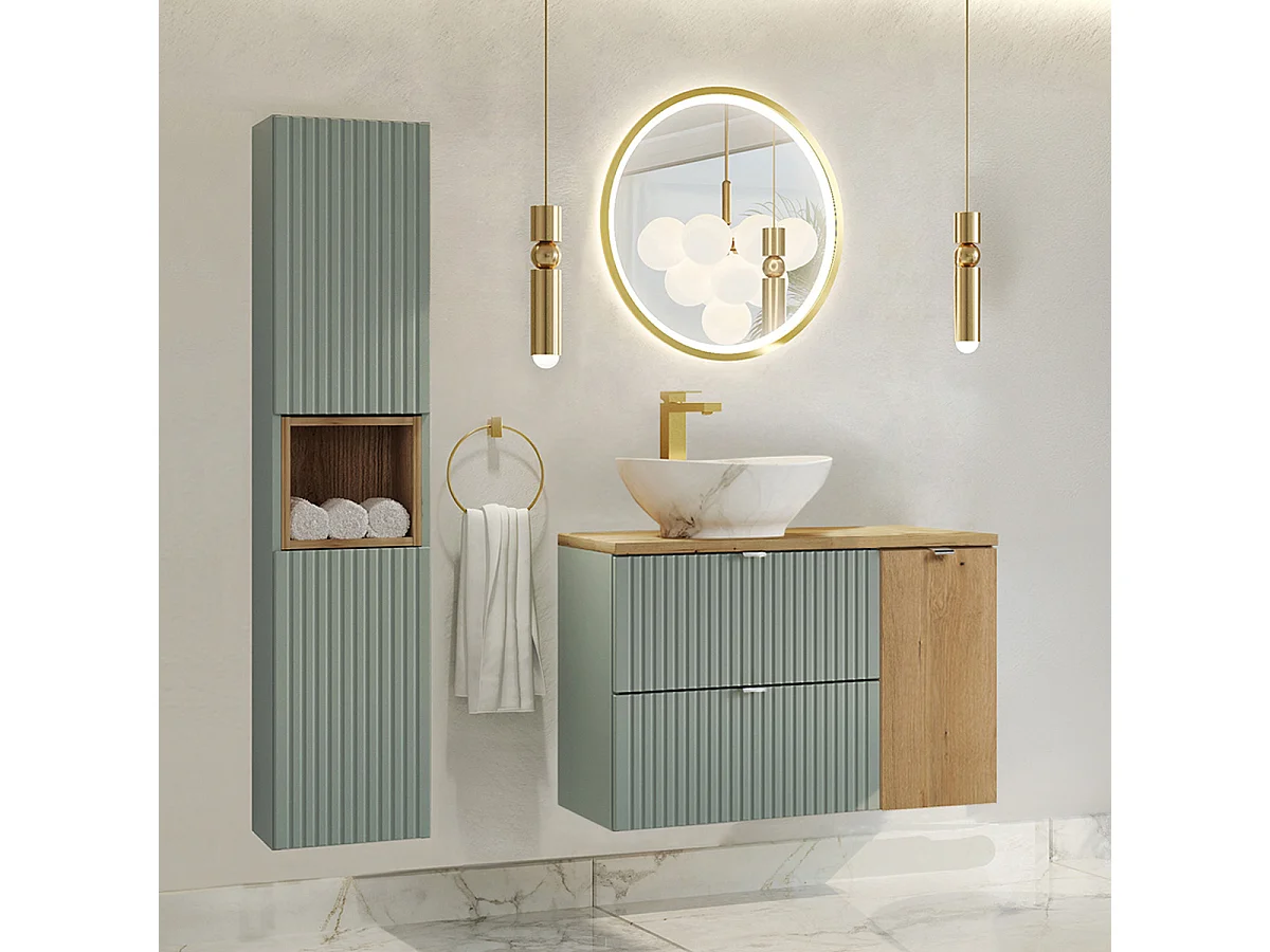 Ensemble meuble simple vasque 90cm et colonne Jade Vert et Bois