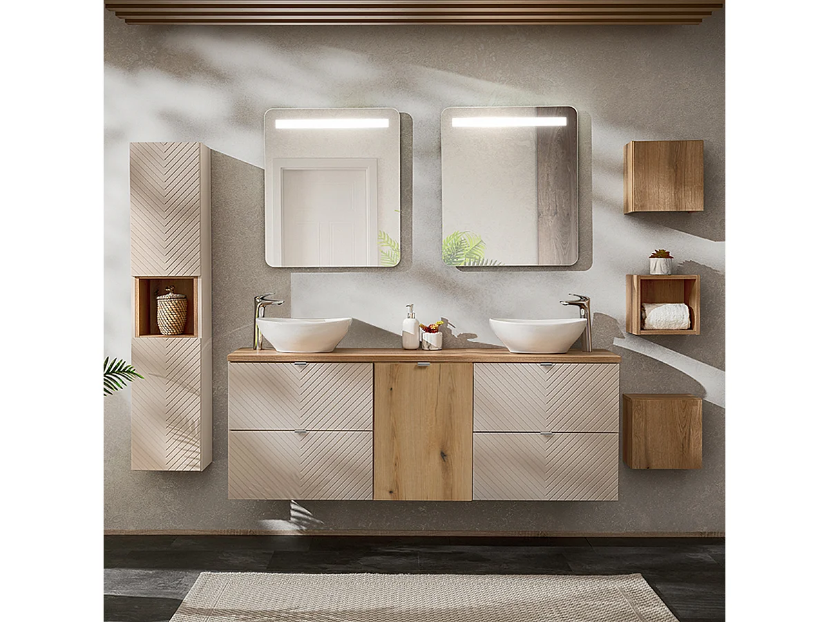 Mobiletto doppio 160 cm con specchi LED e 3 pensili Manoa cashmere e legno