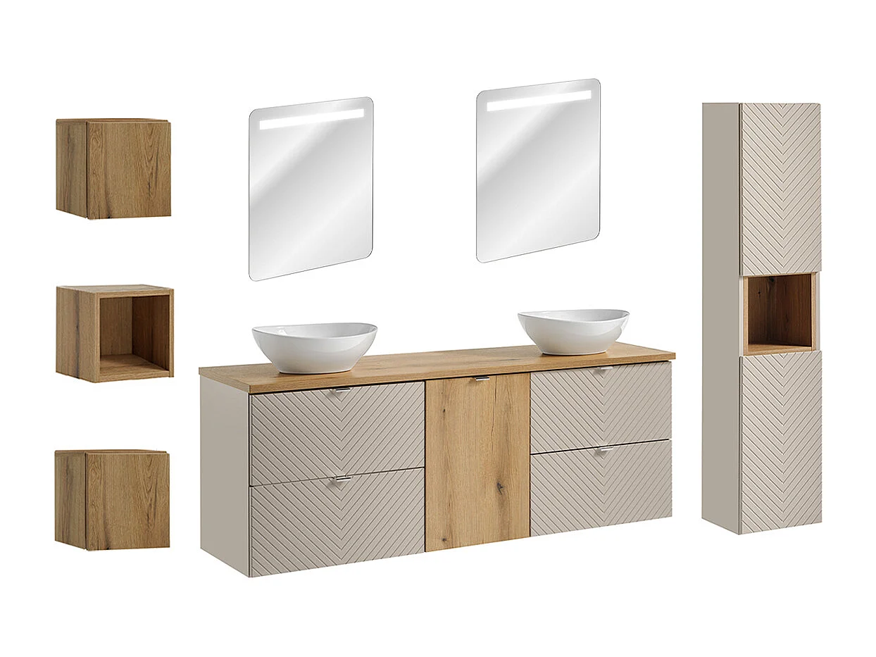 Mobiletto doppio 160 cm con specchi LED e 3 pensili Manoa cashmere e legno