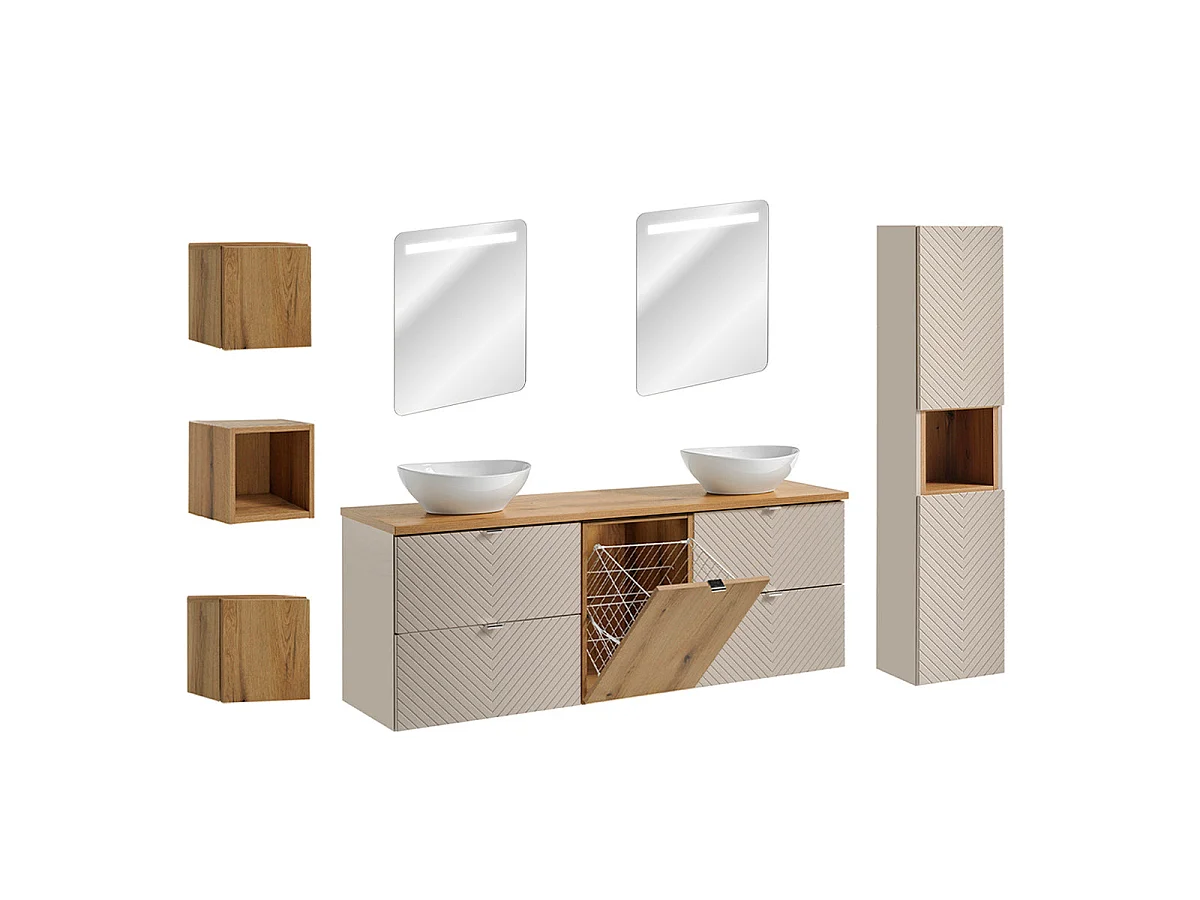 Ensemble meuble double vasque 160cm 4 tiroirs miroirs LED colonne et 3 armoires murales Manoa Cachemire et Bois