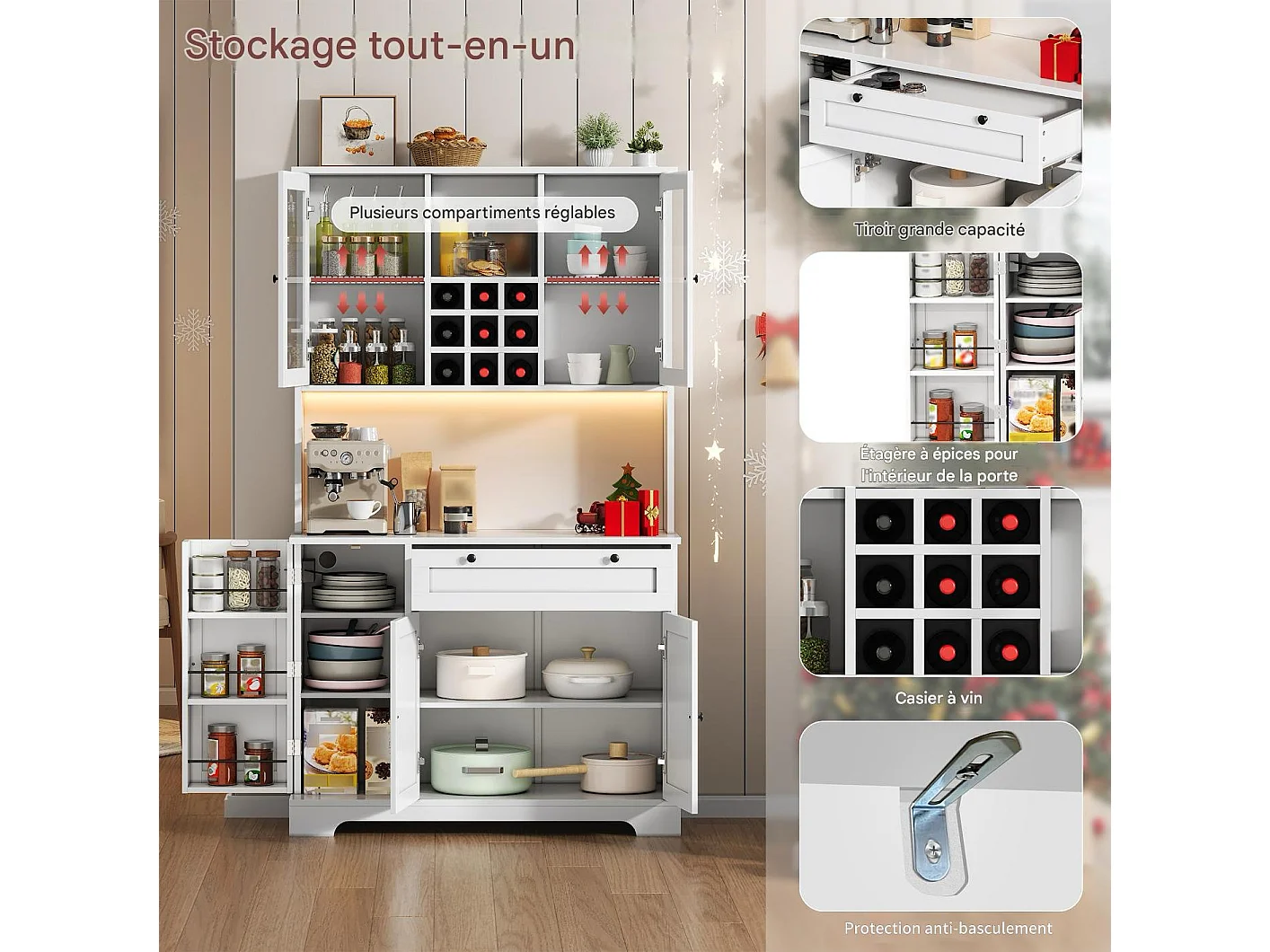 Buffet vaisselier de cuisine avec LED et prises - 105x40x180 cm - blanc