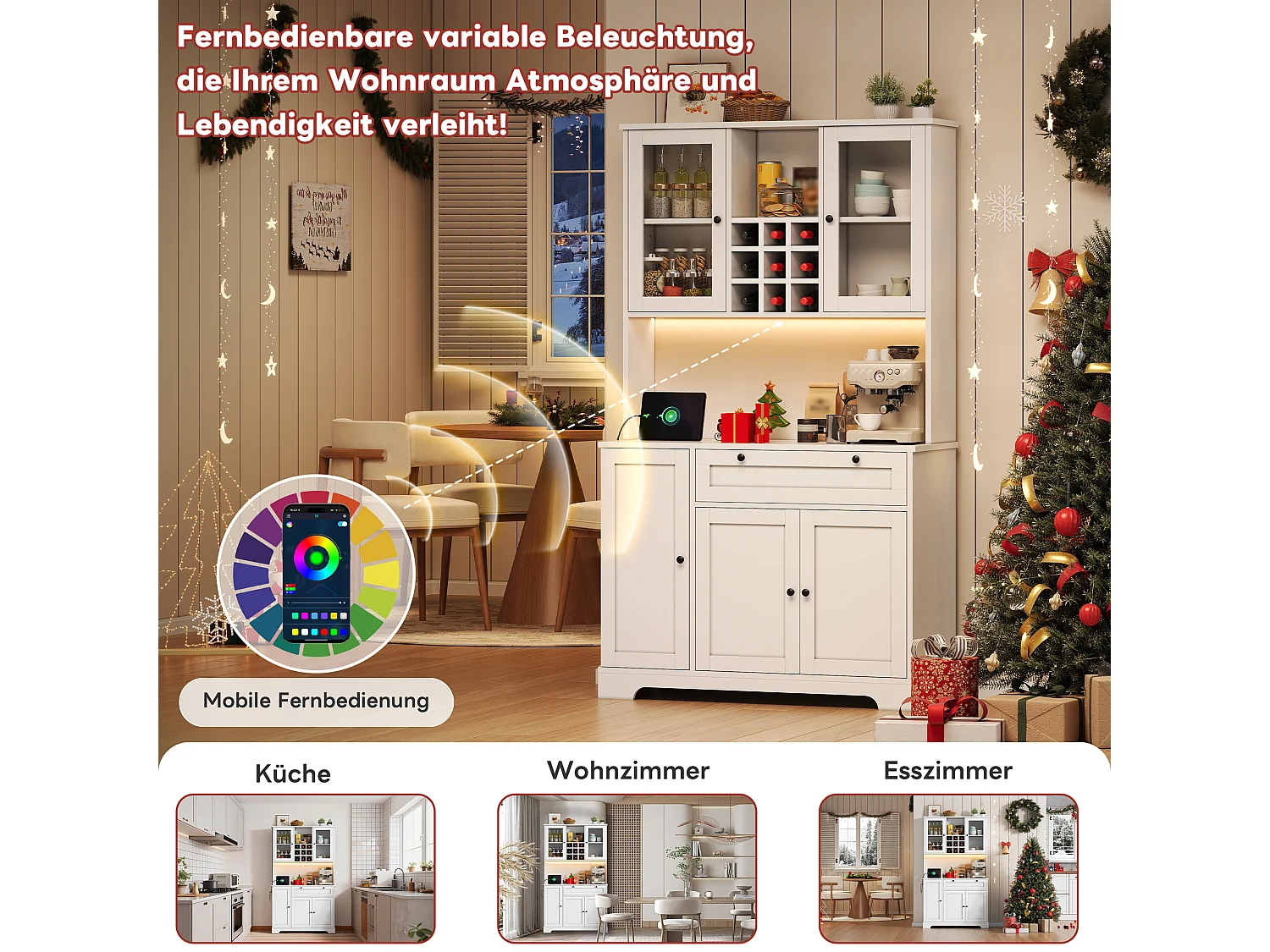 Buffet vaisselier de cuisine avec LED et prises - 105x40x180 cm - blanc