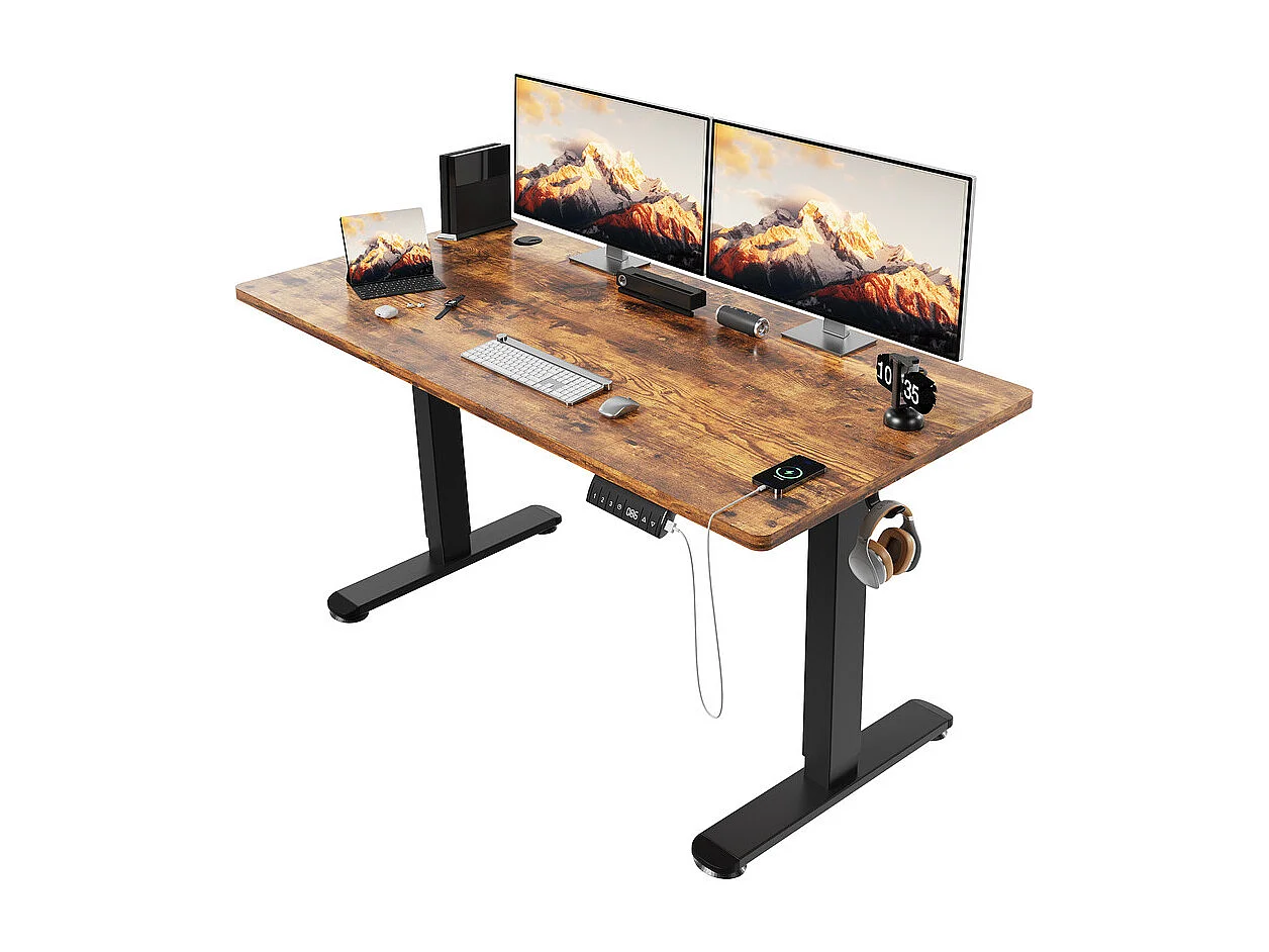 Bureau électrique réglable en hauteur avec prise USB, plateau pour câbles, bureau d'ordinateur, bureau debout avec rappel d'activités sédentaires, 140 x 70 cm