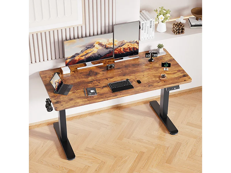 Bureau électrique réglable en hauteur avec prise USB, plateau pour câbles, bureau d'ordinateur, bureau debout avec rappel d'activités sédentaires, 140 x 70 cm