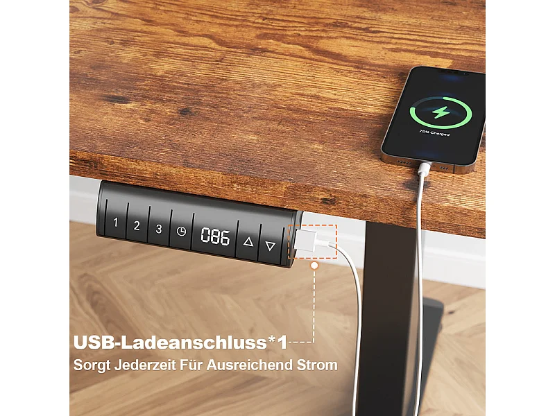 Bureau électrique réglable en hauteur avec prise USB, plateau pour câbles, bureau d'ordinateur, bureau debout avec rappel d'activités sédentaires, 140 x 70 cm