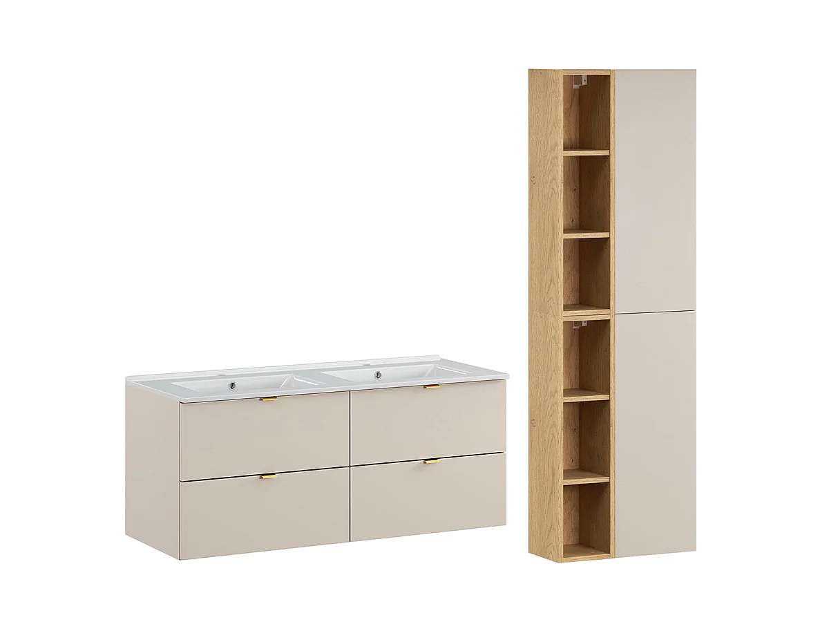 Ensemble meuble double vasque encastrée 120cm et colonne Azel Cachemire et Bois